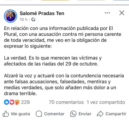 Publicación de Salomé Pradas en redes sociales