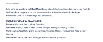 Convocatoria del Real Madrid ante el Atlético... en el Bernabéu