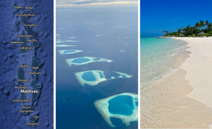 De derecha a izquierda:imagen satelital del archipiélago, vista aérea de una hilera de islas  y fotografía en la playa de una de esas islas paradisíacas.