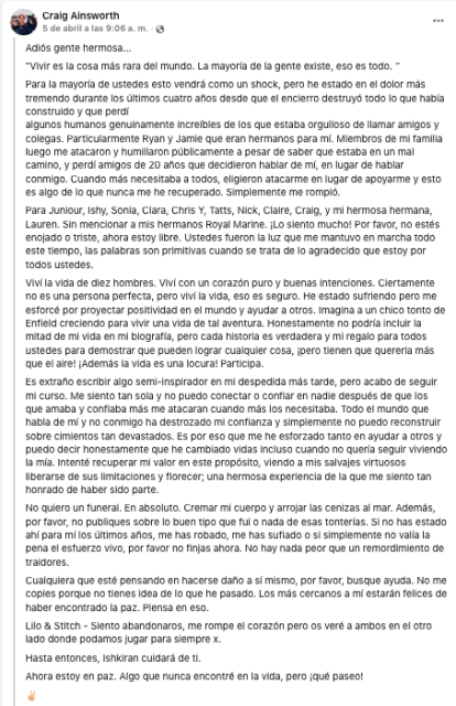Mensaje de Ainsworth en Facebook