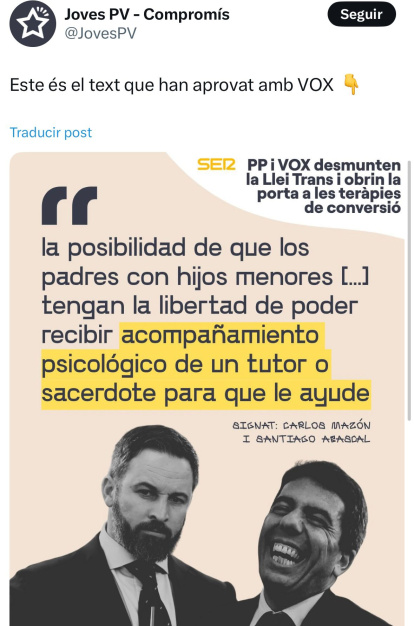 Bulo difundido por Compromís sobre la ley trans valenciana -perfil de sus juventudes-