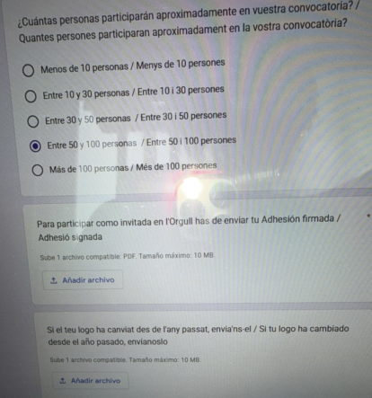 Formulario que hay que rellenar para participar en el Orgullo de Valencia con el apartado para adjuntar el manifiesto de Lambda firmado
