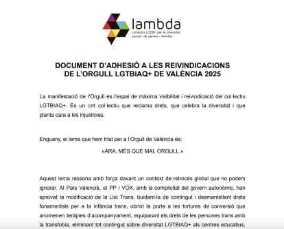 Manifiesto que Lambda obliga a firmar para participar en el Orgullo de Valencia