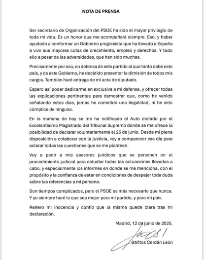 Comunicado de Santos Cerdán