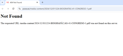 Enlace a la web del PSOE del documento con los currículum de los cargos del 41 Congreso dando error tras ser eliminado