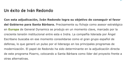 Publicación especializada donde Iván Redondo presume de conseguir contratos de Moncloa para Santa Bárbara
