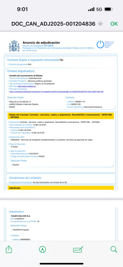 Contrato del viaje de Bielsa a Grecia