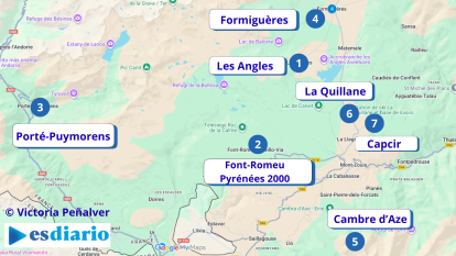 Mapa de Neiges Catalanes con las siete estaciones ubicadas para ayudarte a diseñar tu viaje.
