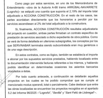 Extracto del informe de la UCO en el que explican la relación entre Servinabar y Acciona para las adjudicaciones de obra pública.
