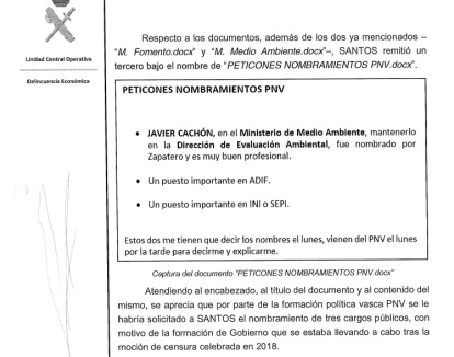 Extracto del informe de la UCO en el que se recogen las peticiones del PNV para apoyar la moción de censura contra Mariano Rajoy