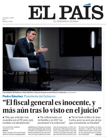 Portada de El País donde Pedro Sánchez proclama que el fiscal general es inocente