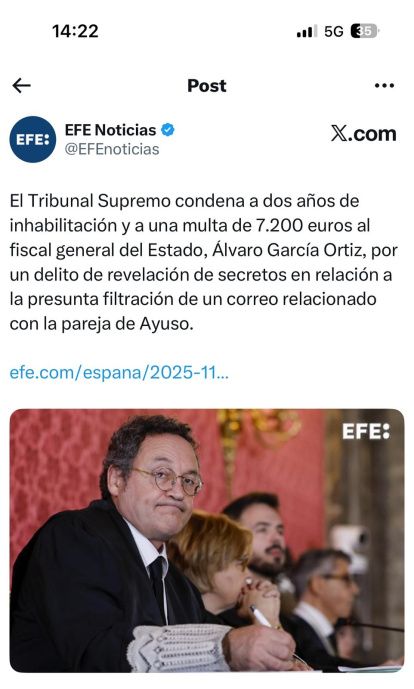 Imagen del tuit de EFE donde, pese a la condena, afirma