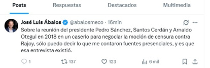 Mensaje de Ábalos en Twitter confirmando la reunión de Sánchez con Ortegi