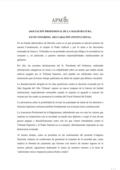 Comunicado de la Asociación Profesional de la Magistratura (APM) contra Sánchez por sus ataques a la justicia.