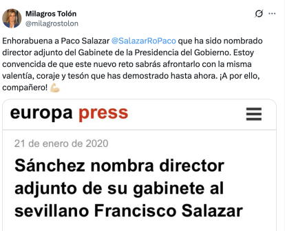 La ministra de Educación, Milagros Tolón, alabando a Paco Salazar