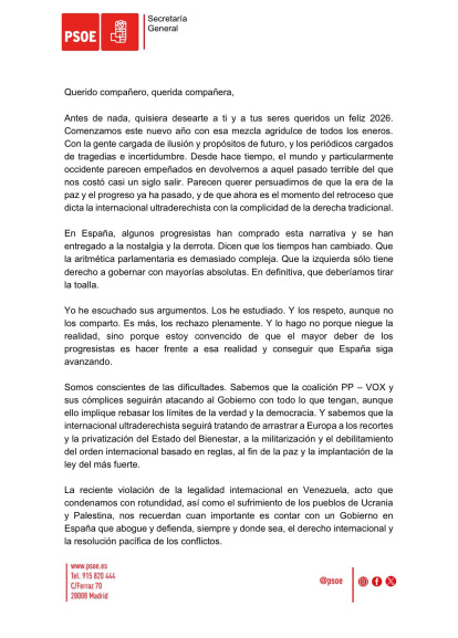 Carta de Pedro Sánchez dirigida a los militantes del PSOE