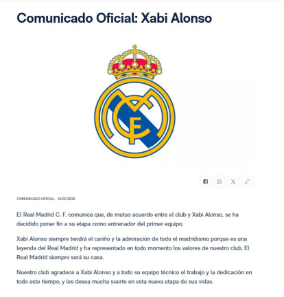 Comunicado del Real Madrid sobre la destitución de Xabi Alonso.