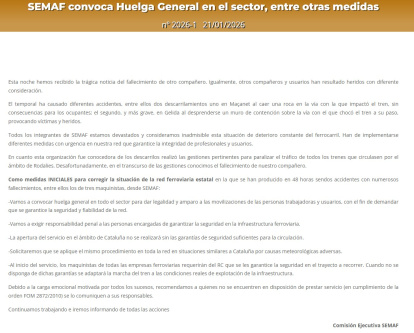 Comunicado de Semaf anunciando huelga los días 9, 10 y 11 de febrero de 2026.