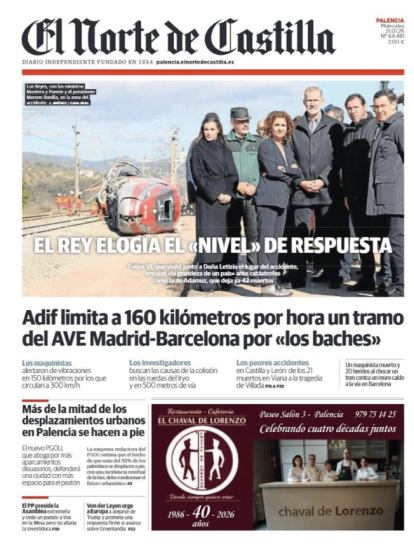 Portada de El Norte de Castilla con la polémica foto de Felipe VI y Letizia en Adamuz