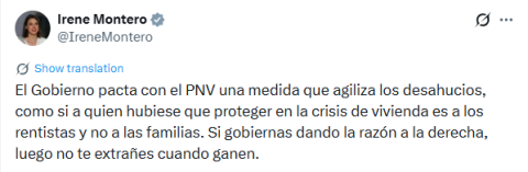 X de Irene Montero sobre el pacto de PSOE-PNV