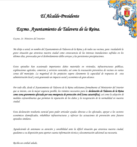 Carta del Ayuntamiento de Talavera de la Reina al Ministro del Interior