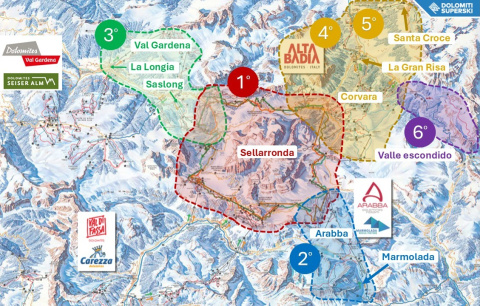 Plano de pistas de las cuatro zonas conectadas por el Sellaronda con nuestros seis recorridos propuestos.