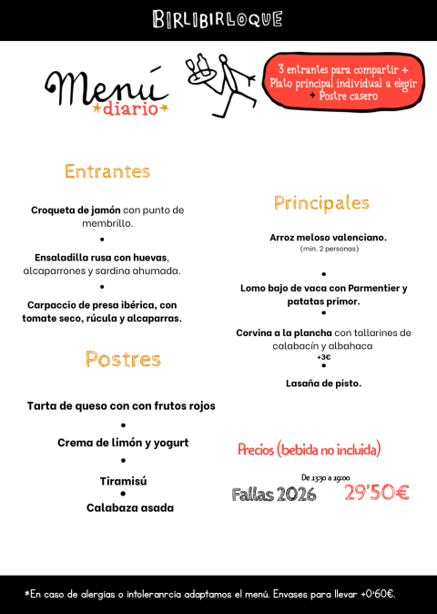 Menú Birlibirloque Fallas 2026