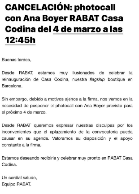 El último acto previsto de Ana Boyer ha tenido que ser cancelado por la suspensión de vuelos.