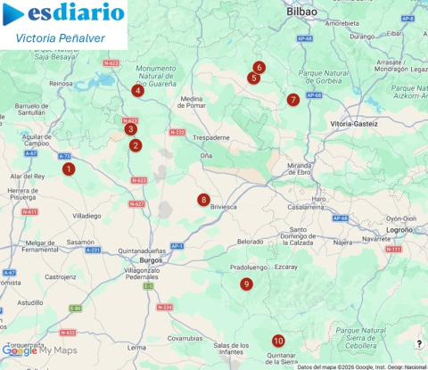 Mapa de diez cascadas de Burgos