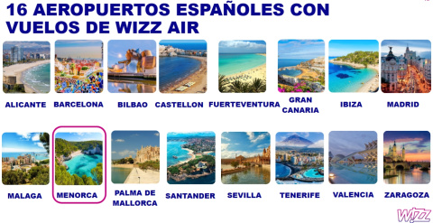 16 aeropuertos españoles que forman parte de la red de Wizz Air.