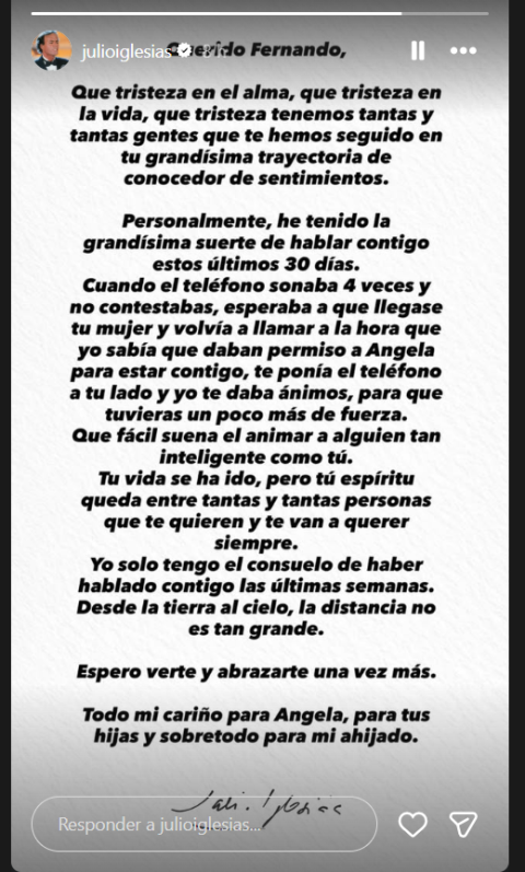 Julio Iglesias se despidió de Fernando Ónega a través de Instagram.