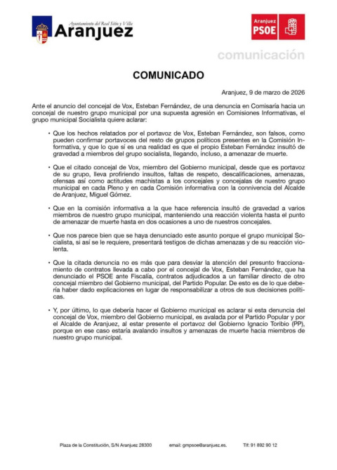 Comunicado del PSOE de Aranjuez sobre el incidente del lanzamiento de café del concejal del PSOE a uno de Vox.