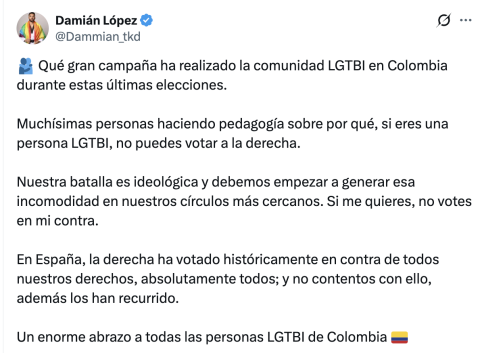 Mensaje de Damián López contra los gays de derechas