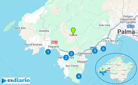 Mapa de diferentes escenarios cinematográficos de Calvià