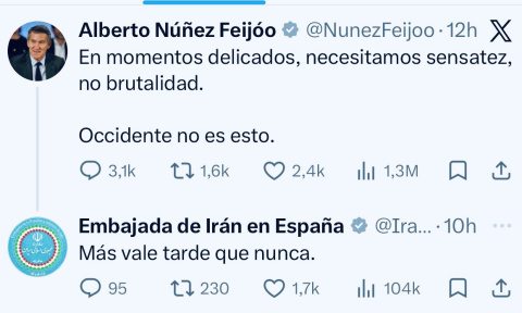 Mensaje de Feijóo y respuesta de la Embajada de Irán en España