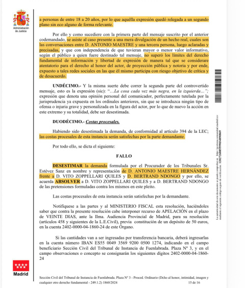 Sentencia de la demanda de Antonio Maestre a Vito Quiles.