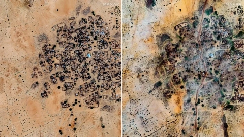 Left: A satellite image of Alsen village, west of el-Fasher, taken on 6 July. Right: An image from 24 July showing a segment of the berm constructed through the settlement