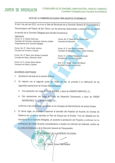 El acta de la Junta de Andalucía con la subvención a Isofotón