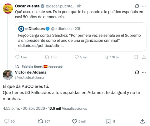 Captura en X del tuit de Óscar Puente y la respuesta de Aldama.