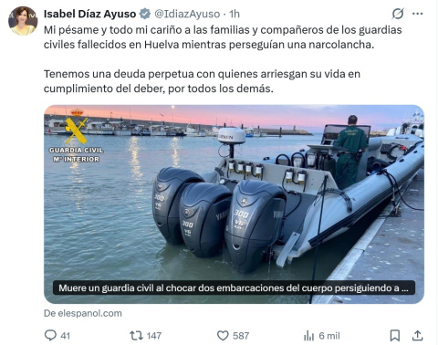 Mensaje de Ayuso en la red social X.