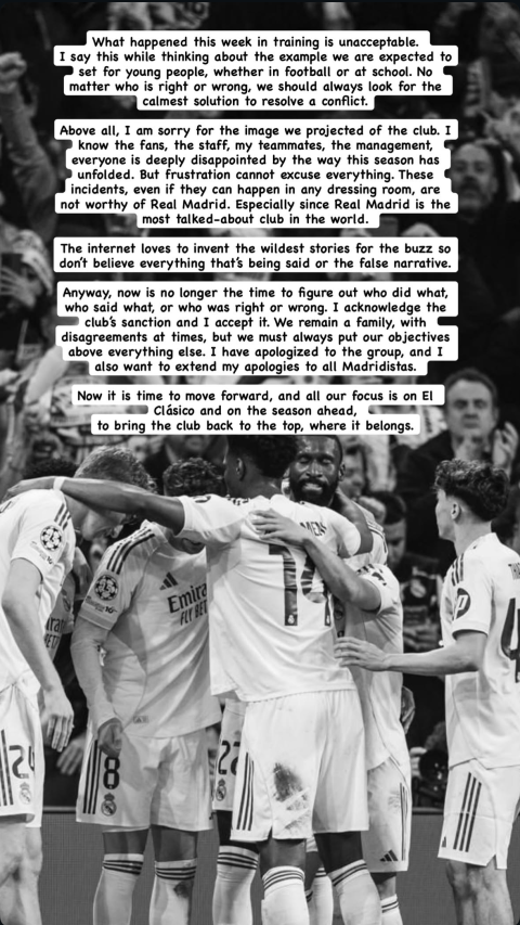 Historia de Instagram de Tchouaméni pidiendo disculpas tras la pelea con Valverde en Valdebebas