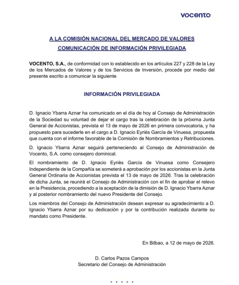 Comunicado de Vocento anunciando la salida de Ignacio Ybarra