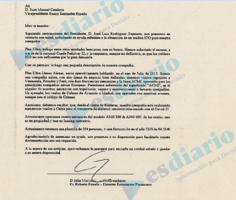 Carta enviada por Plus Ultra al banco Santander para pedir un crédito ICO nombrando al expresidente Zapatero.