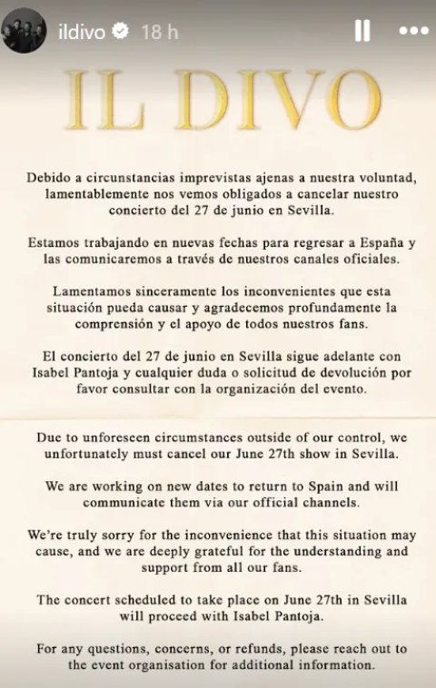 Comunicado de 'Il Divo'.