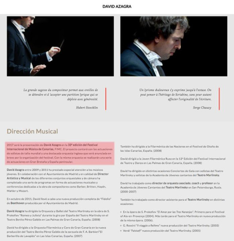 Web de David Sánchez con la referencia falsa a la participación en el Festival Internacional de Canarias. Fuente Guillermo Rocafort