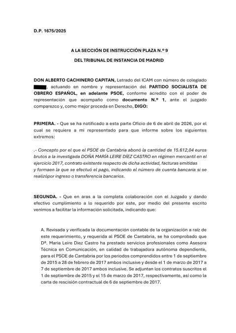 Escrito firmado por el abogado ALBERTO CACHINERO CAPITAN en representación del PSOE reconociendo pagos de 45.000 euros a Leire Díez.