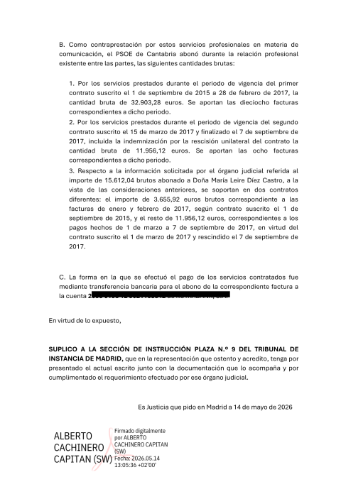 Escrito firmado por el abogado ALBERTO CACHINERO CAPITAN en representación del PSOE reconociendo pagos de 45.000 euros a Leire Díez.