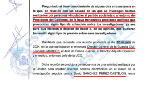 Extracto del sumario del caso Leire en el que desde la UCO apuntan a presiones para no ser proactivos en las investigaciones sobre el Gobierno o su entorno.