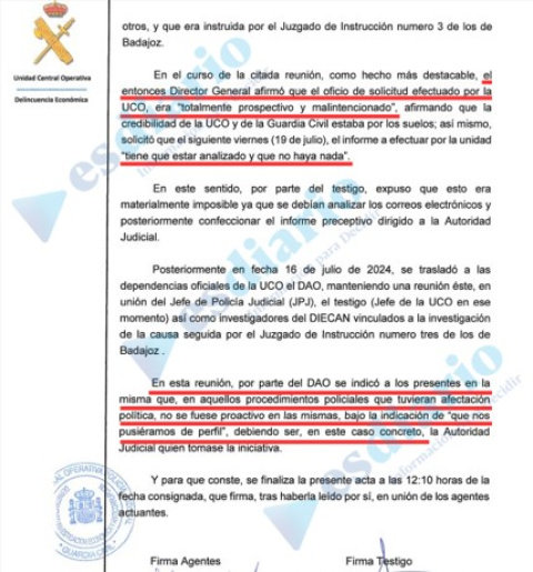 Parte del sumario del caso Leire en el que un exjefe de la UCO habla de presiones desde Interior para no investigar a Pedro Sánchez, su entorno o el Gobierno.