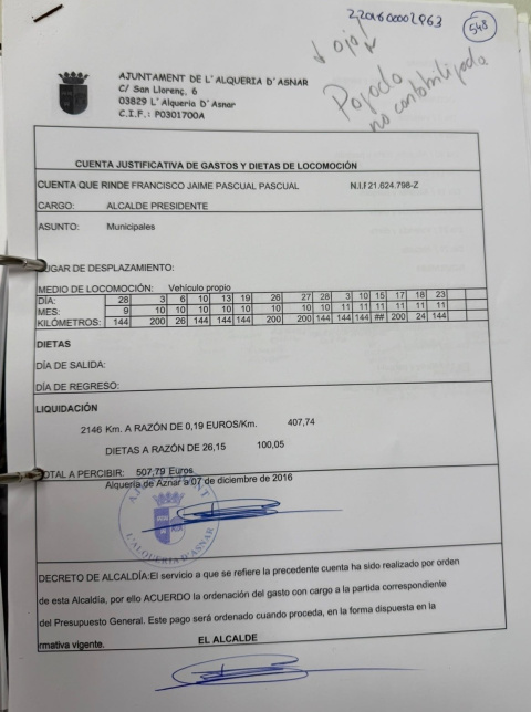 Una factura de kilometraje y dietas del exalcalde donde en la parte superior figura como 